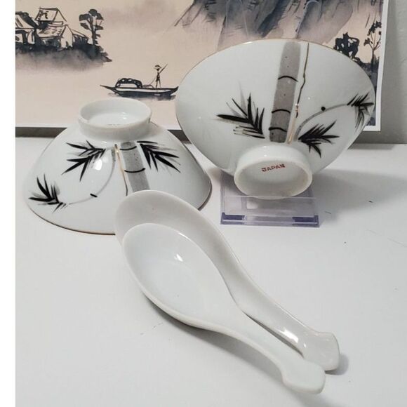 Asian Rice Bowls (4) Bamboo Decorations with 2 Rice Spoons ~Vintage~ - Picture 5 of 5